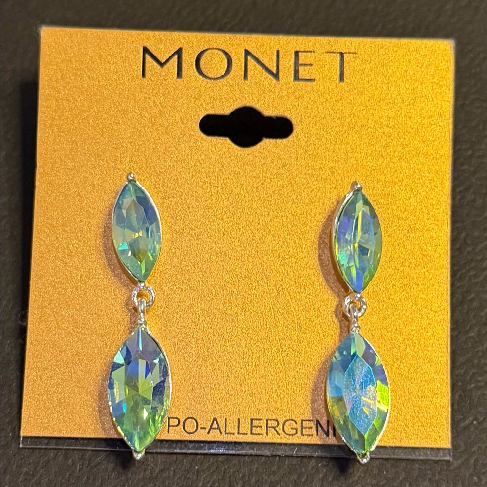 Monet Silver Earrings with Iridescent Green Stones